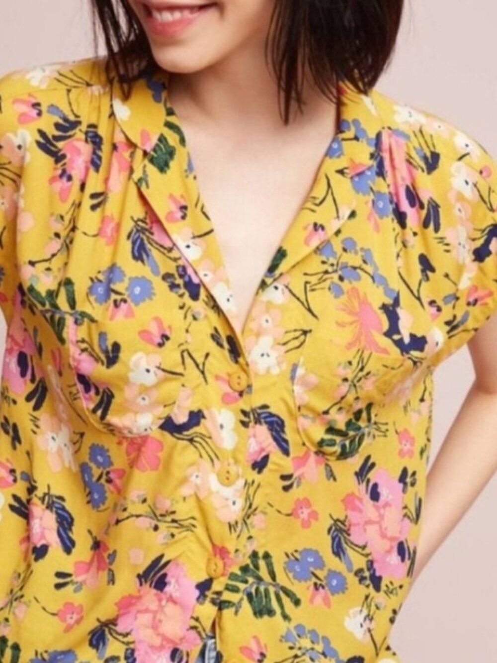 Anthropologie Maeve Raffine Cap Sleeve Yellow with Flowers Top Size Medium